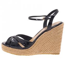 Pre Owned Gucci Black Microguccissima Patent Leather Espadrille Wedges Size 37.5