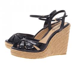 Pre Owned Gucci Black Microguccissima Patent Leather Espadrille Wedges Size 37.5