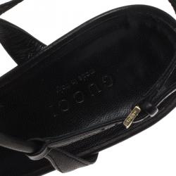 Pre Owned Gucci Black Leather Interlocking GG Logo T-Strap Sandals Size 39
