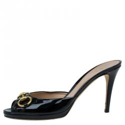 Pre Owned Gucci Black Patent Leather New Hollywood Horsebit Mules Size 39.5
