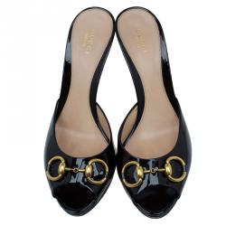 Pre Owned Gucci Black Patent Leather New Hollywood Horsebit Mules Size 39.5
