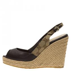 Pre Owned Gucci Brown Leather and GG Canvas Slingback Espadrille Wedges Size 38.5