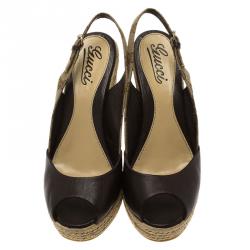 Pre Owned Gucci Brown Leather and GG Canvas Slingback Espadrille Wedges Size 38.5
