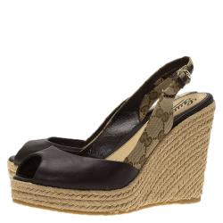 Pre Owned Gucci Brown Leather and GG Canvas Slingback Espadrille Wedges Size 38.5