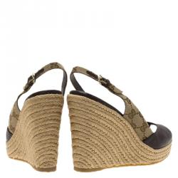 Pre Owned Gucci Brown Leather and GG Canvas Slingback Espadrille Wedges Size 38.5