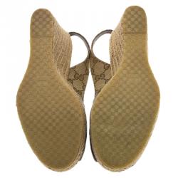 Pre Owned Gucci Brown Leather and GG Canvas Slingback Espadrille Wedges Size 38.5