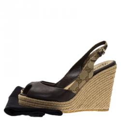 Pre Owned Gucci Brown Leather and GG Canvas Slingback Espadrille Wedges Size 38.5