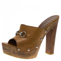 مملوكة مسبقًا Gucci Brown Leather Horsebit Morena Platform Mules Size 39