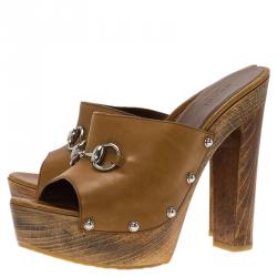 مملوكة مسبقًا Gucci Brown Leather Horsebit Morena Platform Mules Size 39