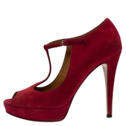 مملوكة مسبقًا حذاء كعب عالي غوتشي بيتي سويدي أحمر سير حرف T نعل سميك مقاس 37.5