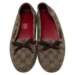 Pre Owned Gucci Beige GG Print Leather Bow Loafers Size 38