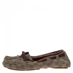 Pre Owned Gucci Beige GG Print Leather Bow Loafers Size 38