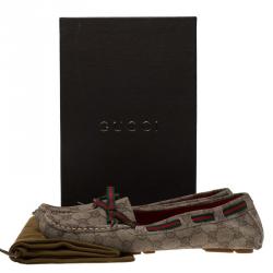 Pre Owned Gucci Beige GG Print Leather Bow Loafers Size 38