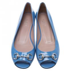 Pre Owned حذاء باليرينا فلات غوشي جولين جلد أزرق لامع هورسبيت مقدمة مفتوحة مقاس 36.5