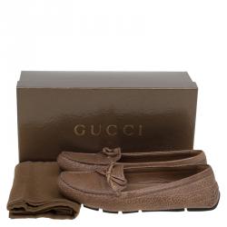 Pre Owned Gucci Brown Leather Bow Loafers Size 37.5