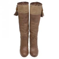 Pre Owned Gucci Brown Leather Tassel Tall Boots Size 38