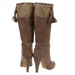 Pre Owned Gucci Brown Leather Tassel Tall Boots Size 38