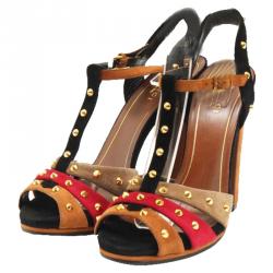 Pre Owned Gucci Multicolor Studded Suede Jacquelyne Block Heel Sandals Size 36.5