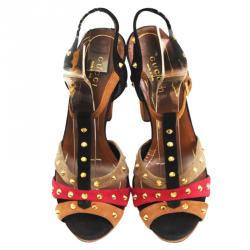 Pre Owned Gucci Multicolor Studded Suede Jacquelyne Block Heel Sandals Size 36.5
