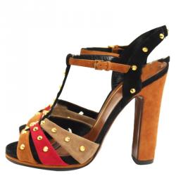Pre Owned Gucci Multicolor Studded Suede Jacquelyne Block Heel Sandals Size 36.5