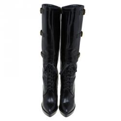 Pre Owned Gucci Black Leather Riddle Lace-Up Platform Knee Boots Size 39
