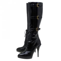 Pre Owned Gucci Black Leather Riddle Lace-Up Platform Knee Boots Size 39