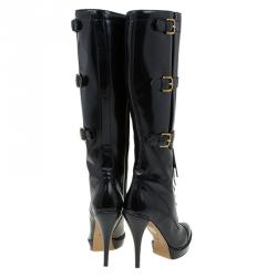 Pre Owned Gucci Black Leather Riddle Lace-Up Platform Knee Boots Size 39