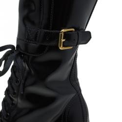 Pre Owned Gucci Black Leather Riddle Lace-Up Platform Knee Boots Size 39