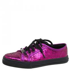 مملوكة مسبقًا Gucci Magenta Metallic Leather and Glitter California Sneakers Size 36