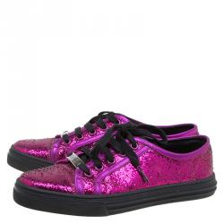 مملوكة مسبقًا Gucci Magenta Metallic Leather and Glitter California Sneakers Size 36