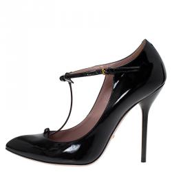 مملوكة مسبقًا حذاء كعب عالي غوتشي بيفرلي سير حرف T جلد أسود لامع مقاس 38