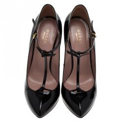 مملوكة مسبقًا حذاء كعب عالي غوتشي بيفرلي سير حرف T جلد أسود لامع مقاس 38