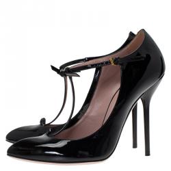 مملوكة مسبقًا حذاء كعب عالي غوتشي بيفرلي سير حرف T جلد أسود لامع مقاس 38