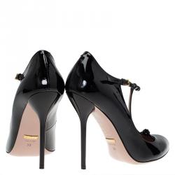 مملوكة مسبقًا حذاء كعب عالي غوتشي بيفرلي سير حرف T جلد أسود لامع مقاس 38