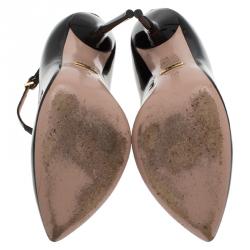 مملوكة مسبقًا حذاء كعب عالي غوتشي بيفرلي سير حرف T جلد أسود لامع مقاس 38