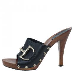 Pre Owned Gucci Black Leather Icon Bit Clogs Size 38.5