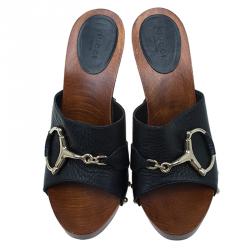 Pre Owned Gucci Black Leather Icon Bit Clogs Size 38.5