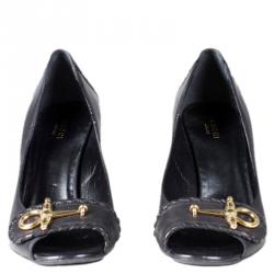 مملوكة مسبقًا حذاء كعب عالي غوتشي مقدمة مفتوحة تفاصيل هورسبيت جلد أسود مقاس 39