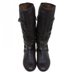 Pre Owned Gucci Dark Brown Leather Buckle Knee Boots Size 39.5