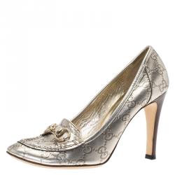 مملوكة مسبقًا Gucci Metallic Gold Guccissima Leather Horsebit Loafer Pumps Size 41.5