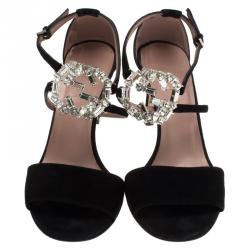 مملوكة مسبقًا Gucci Black Suede Embellished GG Logo Ankle Strap Sandals Size 35.5