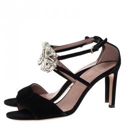 مملوكة مسبقًا Gucci Black Suede Embellished GG Logo Ankle Strap Sandals Size 35.5