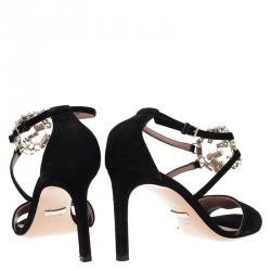 مملوكة مسبقًا Gucci Black Suede Embellished GG Logo Ankle Strap Sandals Size 35.5