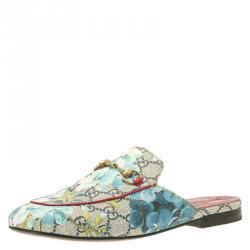 Pre Owned Gucci Beige GG Supreme Blooms Printed Canvas Princetown Horsebit Loafer Slides Size 37.5