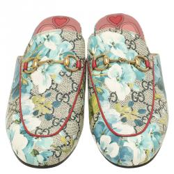 Pre Owned Gucci Beige GG Supreme Blooms Printed Canvas Princetown Horsebit Loafer Slides Size 37.5