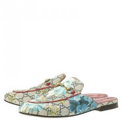 Pre Owned Gucci Beige GG Supreme Blooms Printed Canvas Princetown Horsebit Loafer Slides Size 37.5