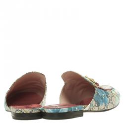 Pre Owned Gucci Beige GG Supreme Blooms Printed Canvas Princetown Horsebit Loafer Slides Size 37.5
