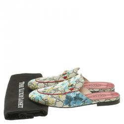 Pre Owned Gucci Beige GG Supreme Blooms Printed Canvas Princetown Horsebit Loafer Slides Size 37.5