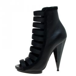 Pre Owned Gucci Black Leather and Suede Olimpia Elastic Ladder Strap Bootie Size 38