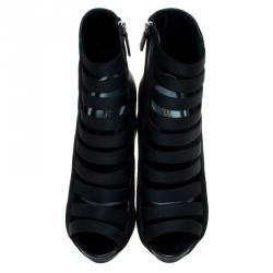 Pre Owned Gucci Black Leather and Suede Olimpia Elastic Ladder Strap Bootie Size 38